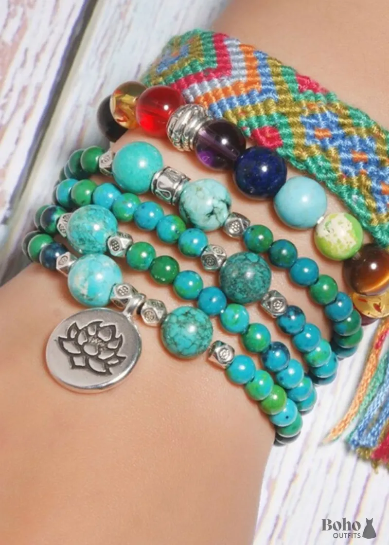 Boho Dress Boho Bracelet, Layers Blue Turquoise Mala Red Mantra Lotus layered natural stone bracelet