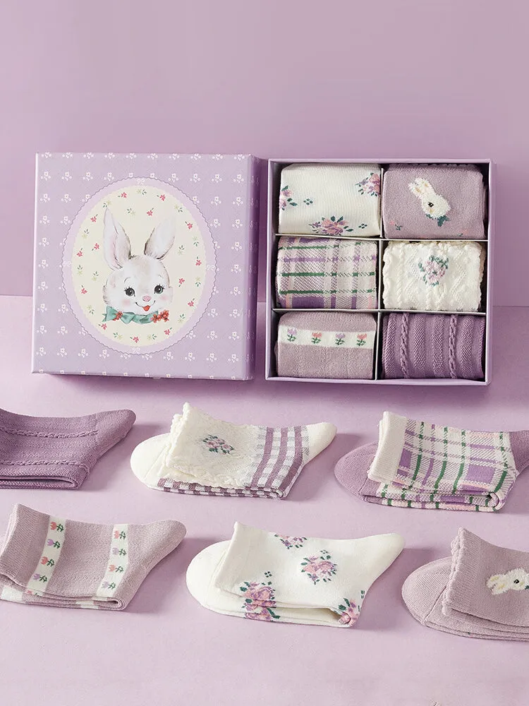 Juwas 6 pairs of purple rabbit cotton mid-calf socks featuring soft lavender tones and rabbit motifs