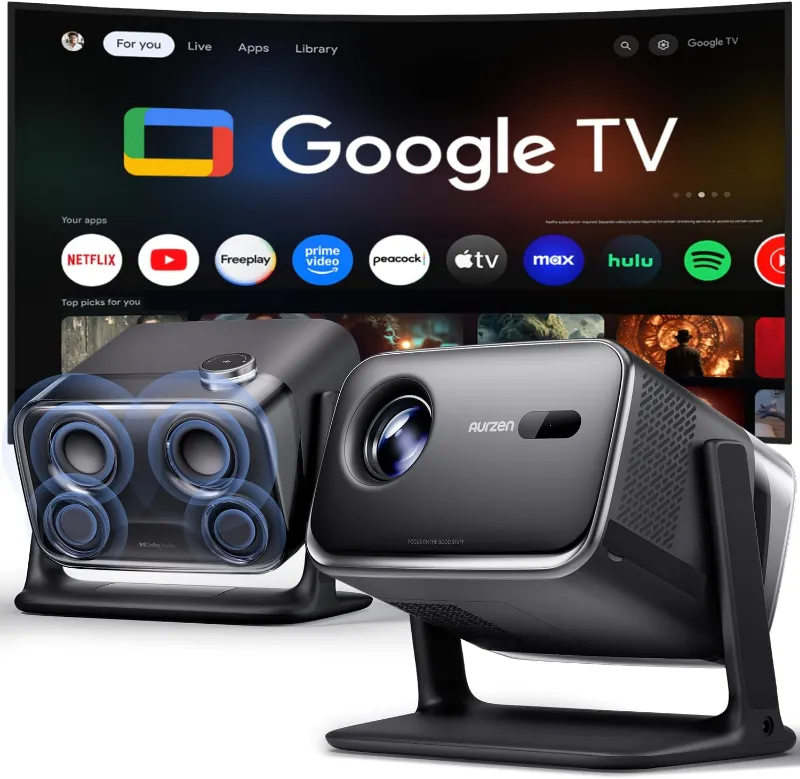 Aurzen BOOM mini Google TV smart projector US version showing 1080p resolution and keystone correction feature