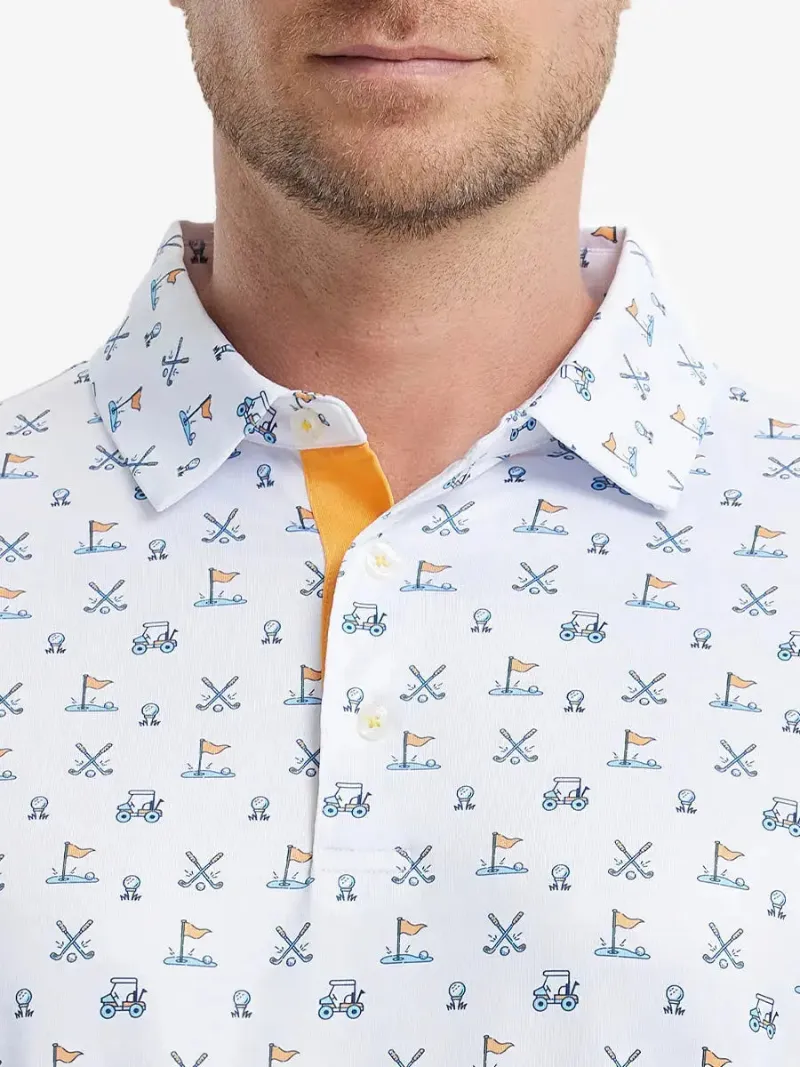 Maelreg Golf Everyday Performance Print Polo in blue and white