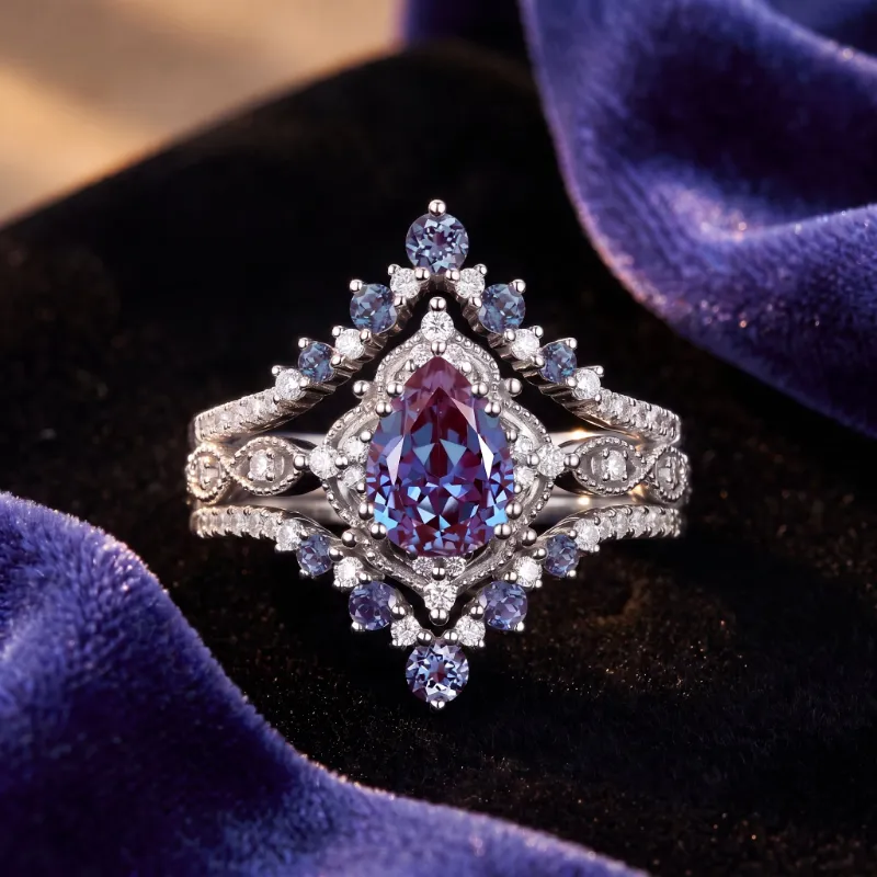 Starlandus Elara vintage pear color-changing lab alexandrite engagement ring set with milgrain detailing