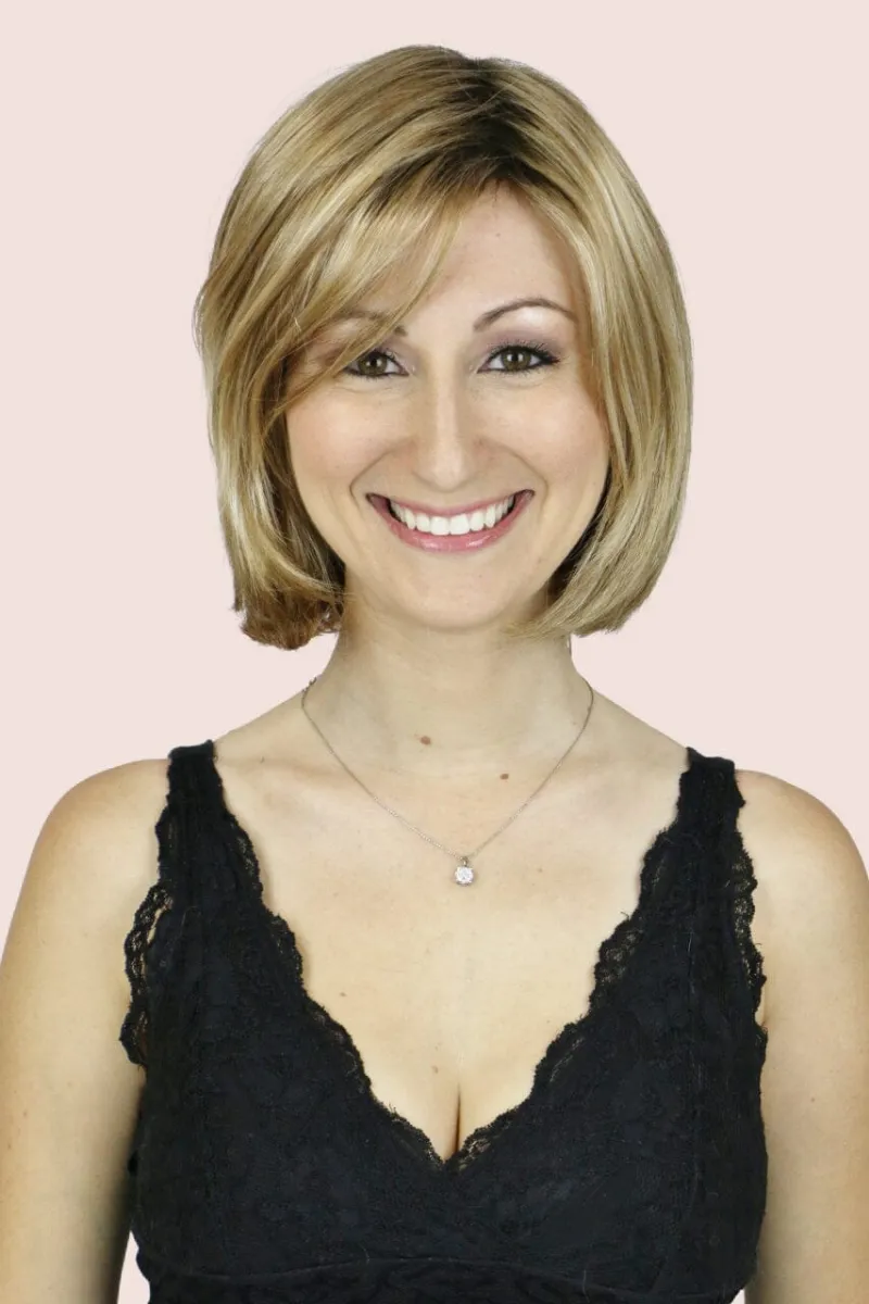 Godiva's Secret Wigs Alana w/ Roots medium wig with rooted honey tone and sweeping bangs