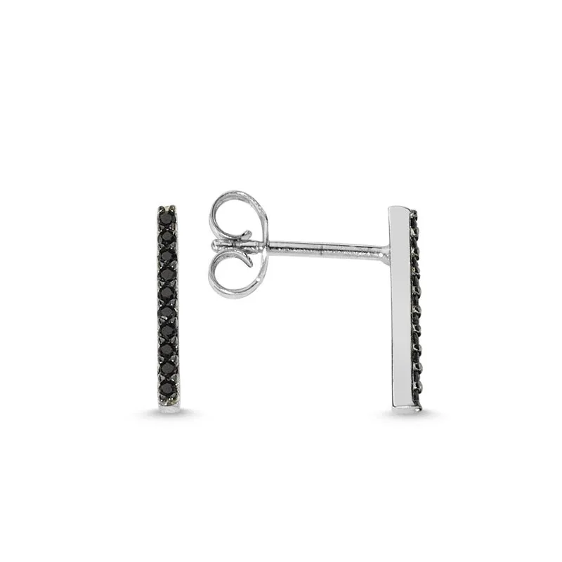Amorium Jewelry Black Trendy Silver Simple Bar Studs Earring with Crystal, pair of black geometric bar studs with crystal accents