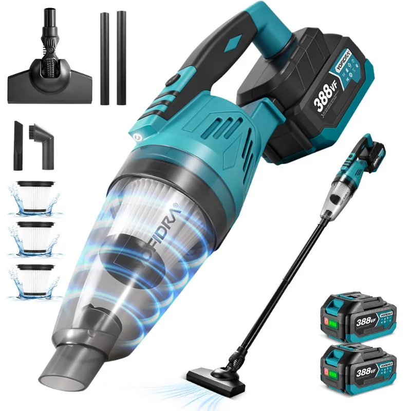 NewBeny 1500W Cordless Vacuum Cleaner Handheld showing LED light and battery, with multiple attachments
