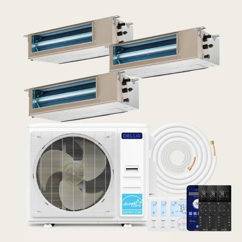 Della Home 27000 BTU tri-zone concealed ducted mini split heat pump with 9K+9K+12K configuration