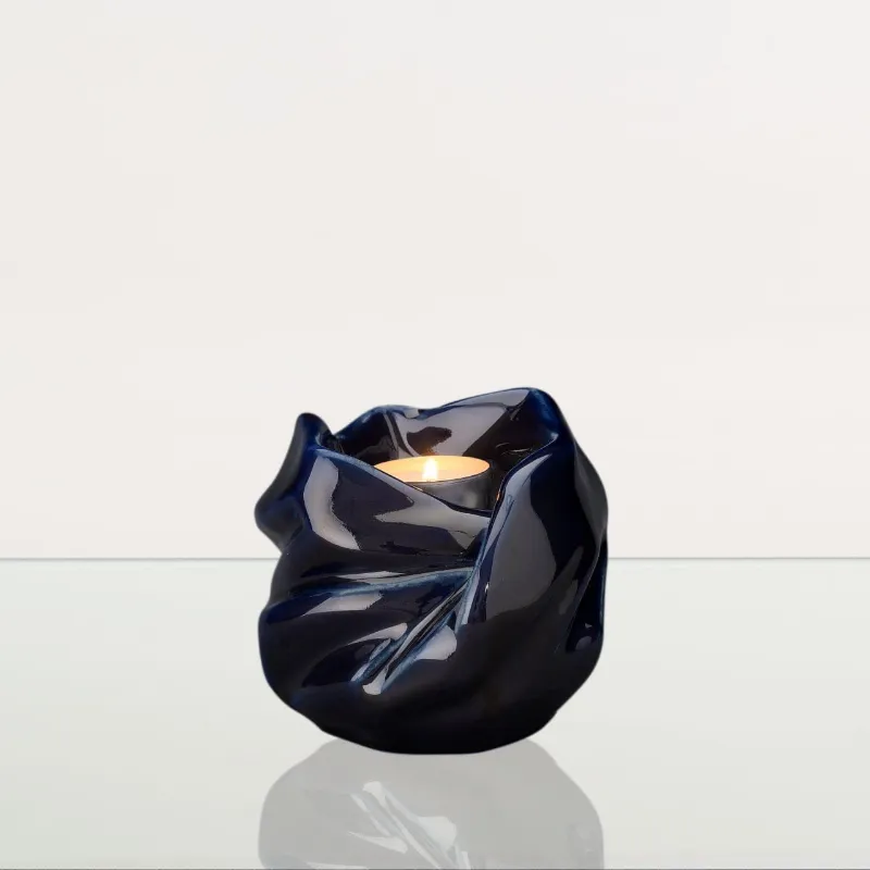 Pulvis Art Urns Cremation Keepsake Urn For Ashes With Candle in Cobalt Metallic finish, ceramic keepsake with candle holder