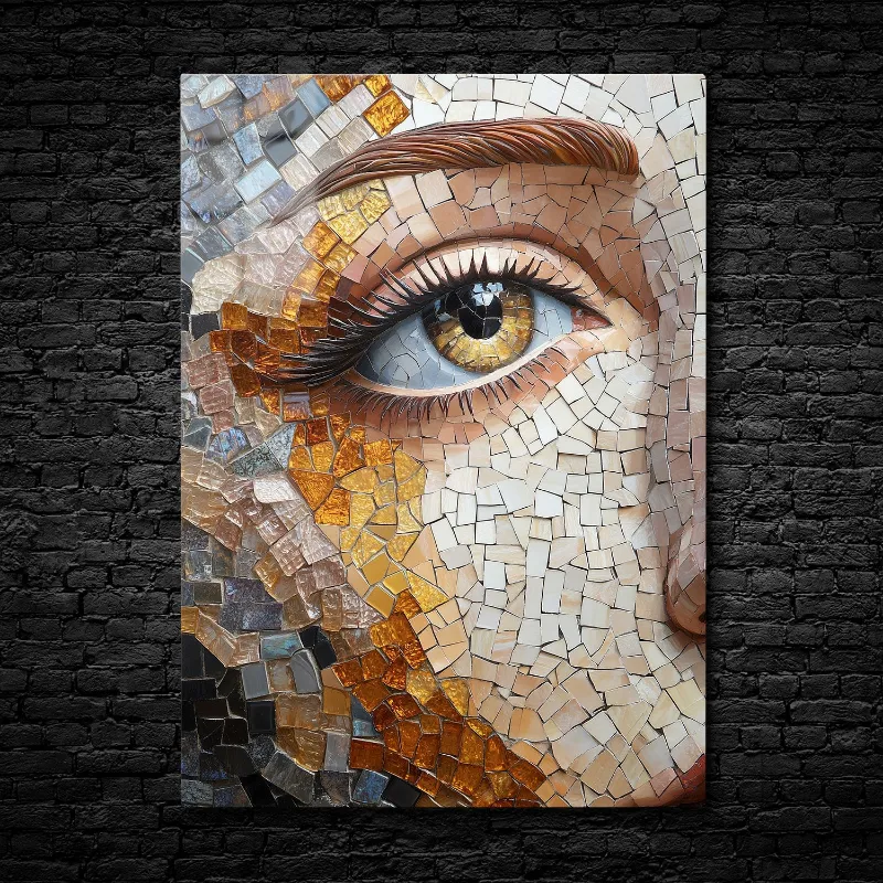 CruArt Golden Gaze Mosaic metal print showing detailed eye with golden and blue mosaic tiles