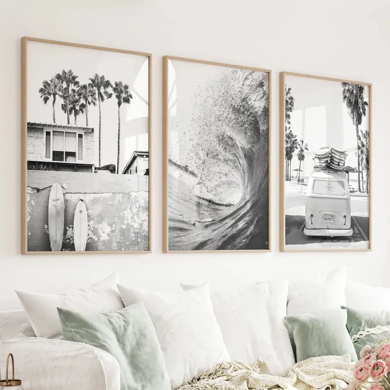 Wall Art Set Black White California Surfing Prints. Van, Ocean Wave, Surfboards 3-piece set