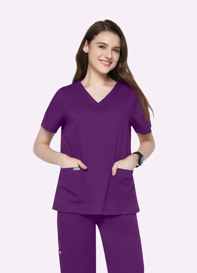 COMENII ElegCare™ Essential Scrub Top Purple, front view showing V-neck and sleeve pocket