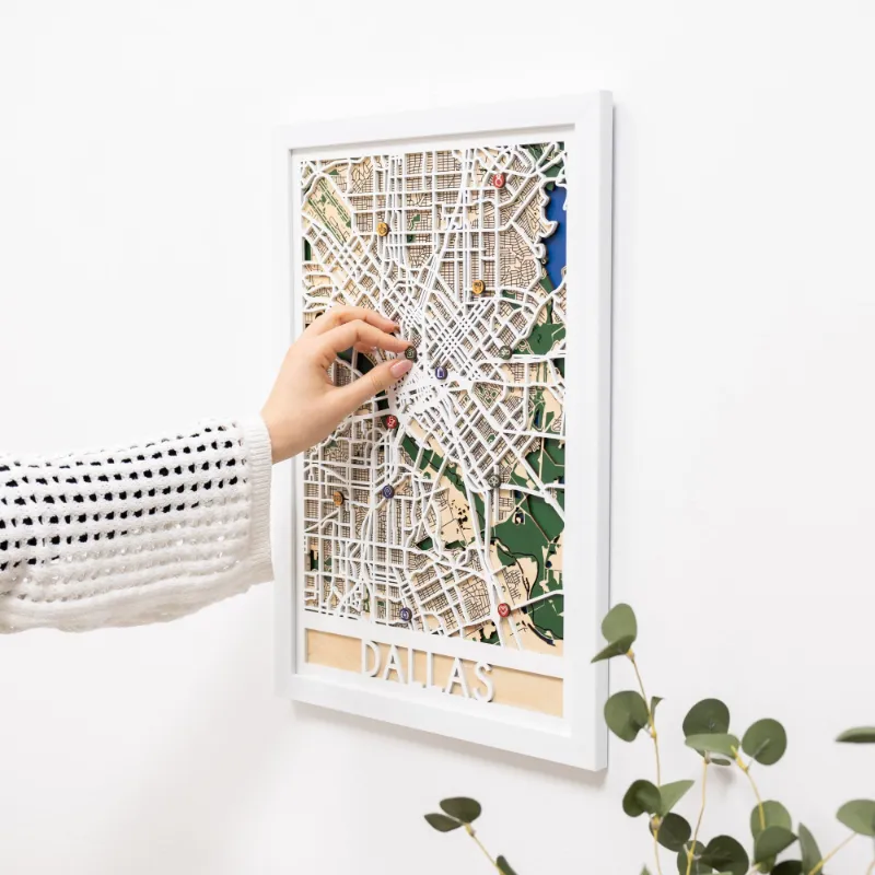 Enjoy The Wood 3D City Map Dallas showing layered wooden urban layout with Trinity River
