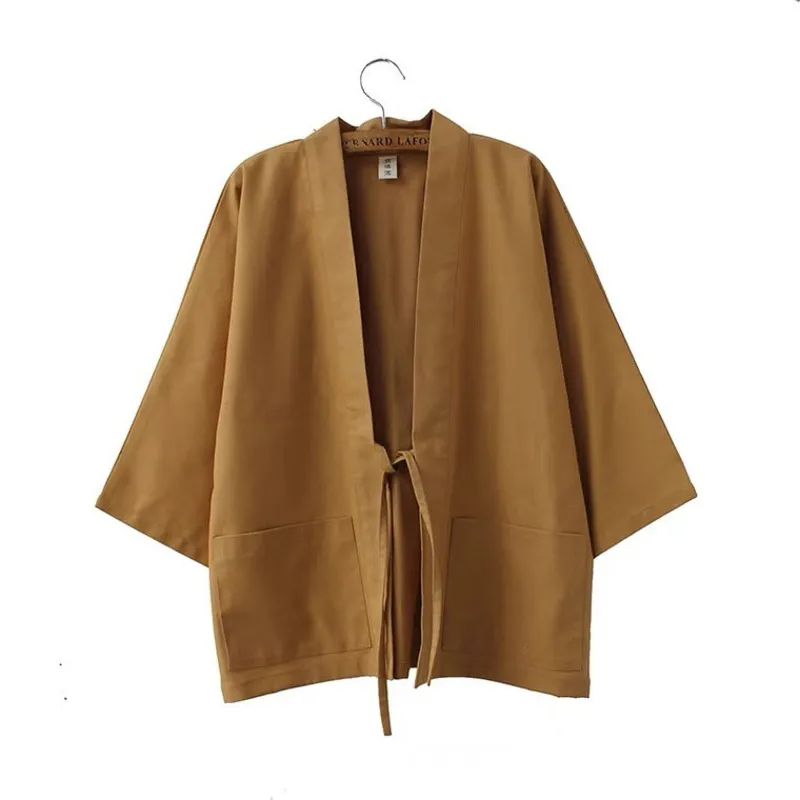 Foxtume Khaki Traditional Women Haori, a khaki kimono jacket with patch pockets on a model