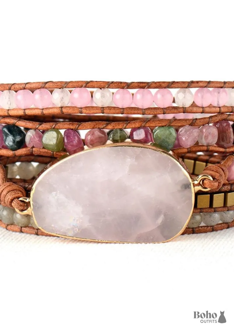 Boho Bracelet 5 Layers Leather Wrap Bracelet with Natural Stone Pink Tourmaline
