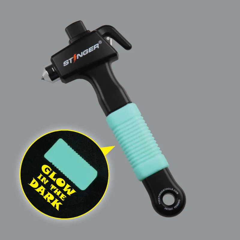 The Stinger Tools Stinger Super Duty Car Emergency Escape Hammer in fluorescent green with spring punch and seatbelt cutter