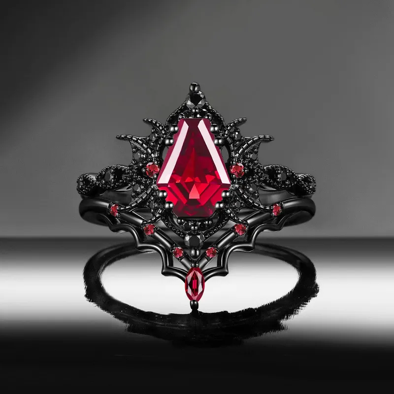 Starlandus Bat Romance Gothic Coffin Cut Lab Ruby Ring Set with Bat Wing Milgrain