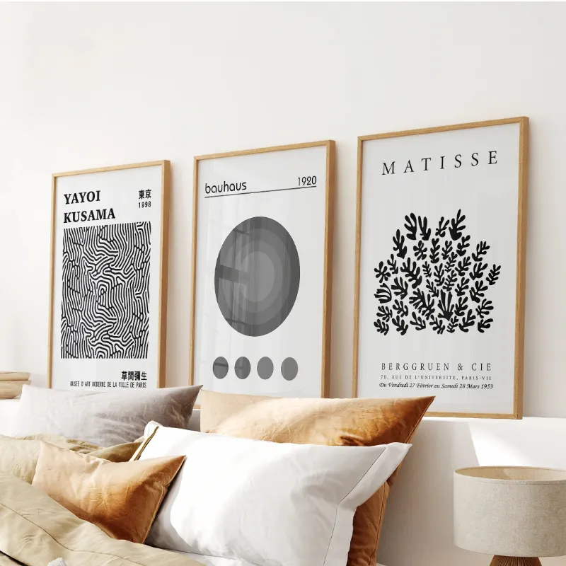 Wall Art Set Black White Kusama, Matisse, Bauhaus Posters. Art Set of 3 - three modern art prints