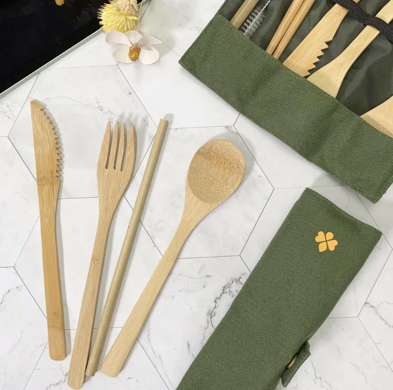 HoneySpree Bamboo Cutlery Set with green fabric pouch and utensils