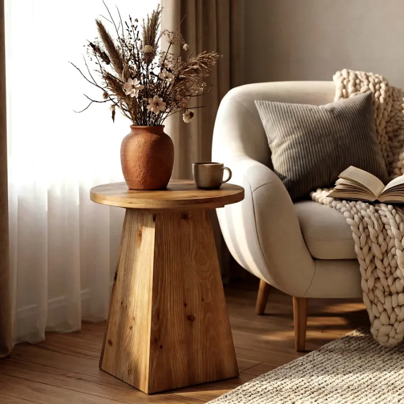 Tribesigns 18.9 inch solid wood end table with round top and trapezoid base