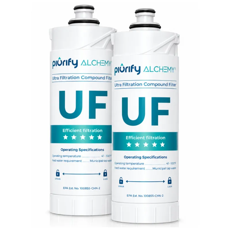 Piurify 2-Pack UF Replacement For ALCHEMY Electric Water Filter showing two white filter cartridges