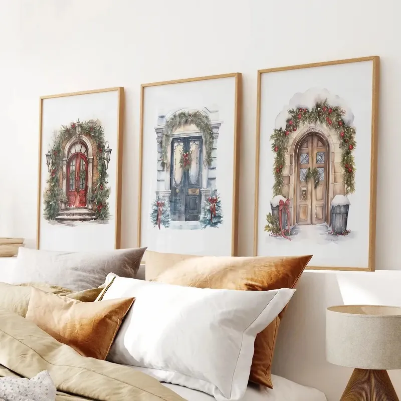 Wall Art Set 3 Piece Wall Decor Christmas Door Large Print showing festive door artwork