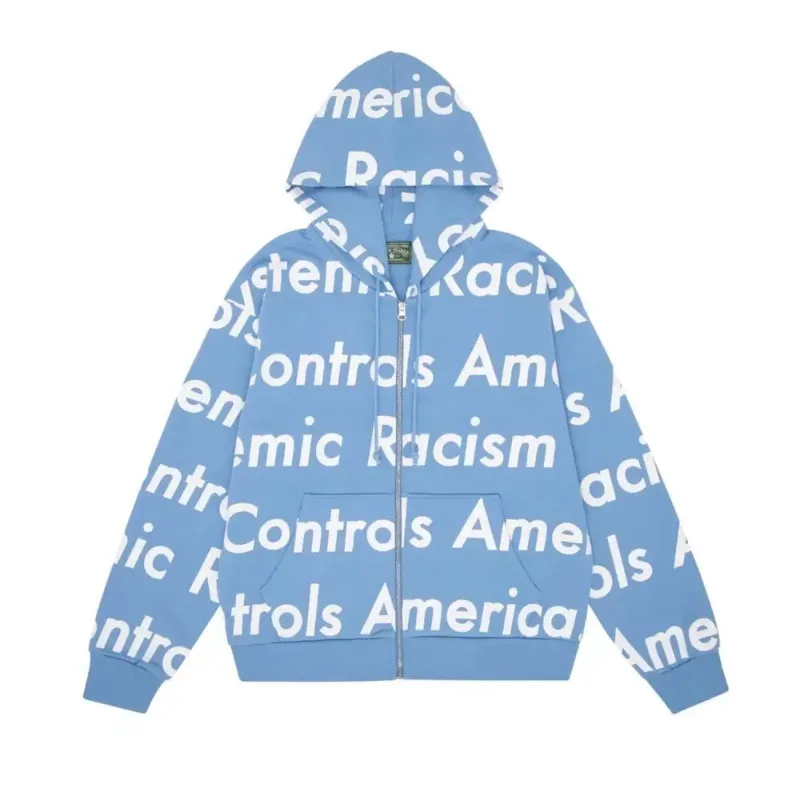 AfewVibe Denim Tears x Arthur Jafa Systemic Racism Controls America Zip Up Hoodie Dusty Blue, dusty blue hoodie with white text