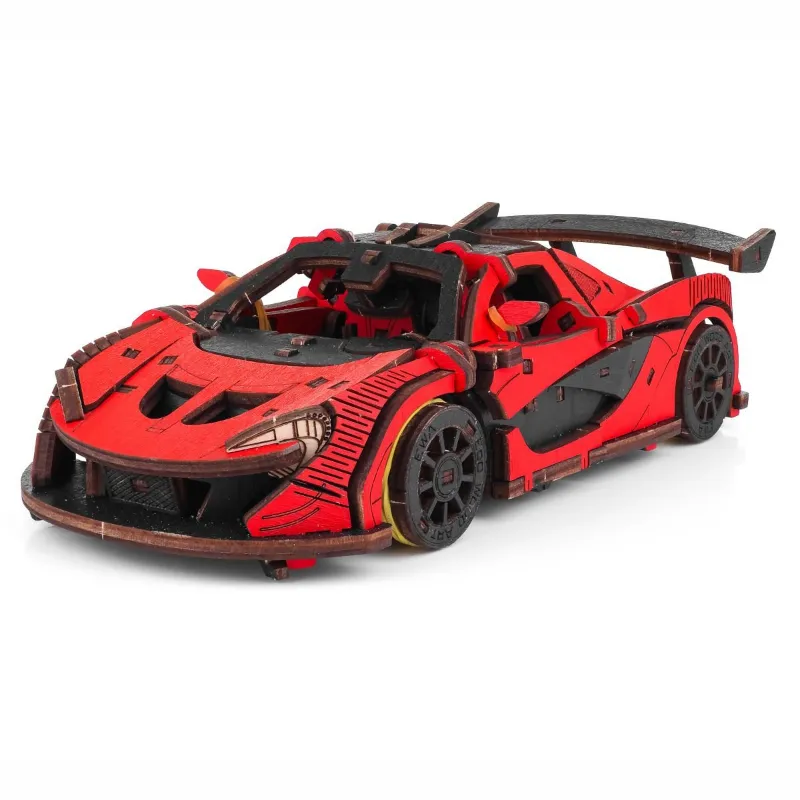 Varvikas 3D Wooden Mechanical Puzzle Kit, Red Racing Car (BEW007e) with red finish and precision wooden details