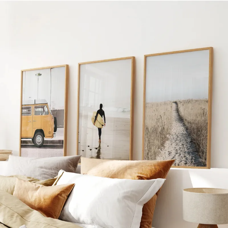 Wall Art Set California Beach set of 3 prints with vintage van surfer and desert dunes