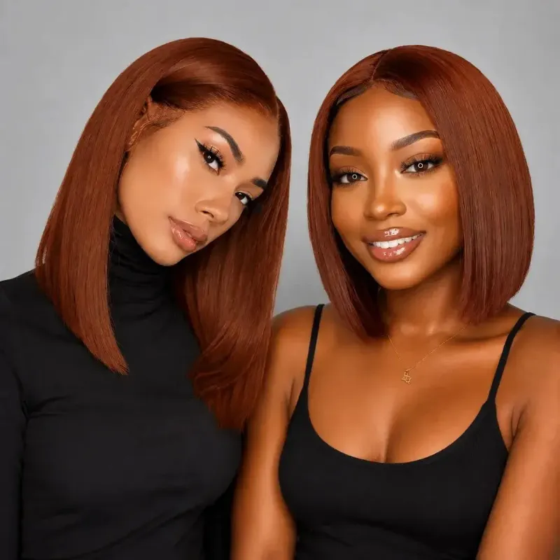 Hairsofly Shop (Athena) Auburn Brown Short Bob Human Hair HD Lace Middle Part Wig showing straight bob