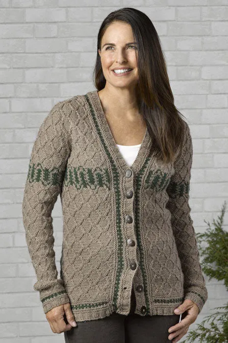 Kristen TenDyke Everlife Cardigan showing diamond lattice cable pattern with contrasting trim details