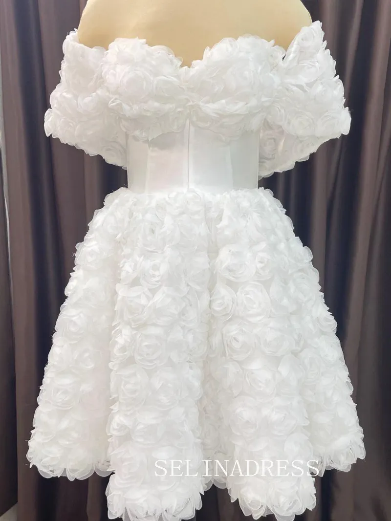 Selinadress 3D Floral Short Wedding Dress Off Shoulder Mini Bridal Gown Corset Rose Dress with lace detail