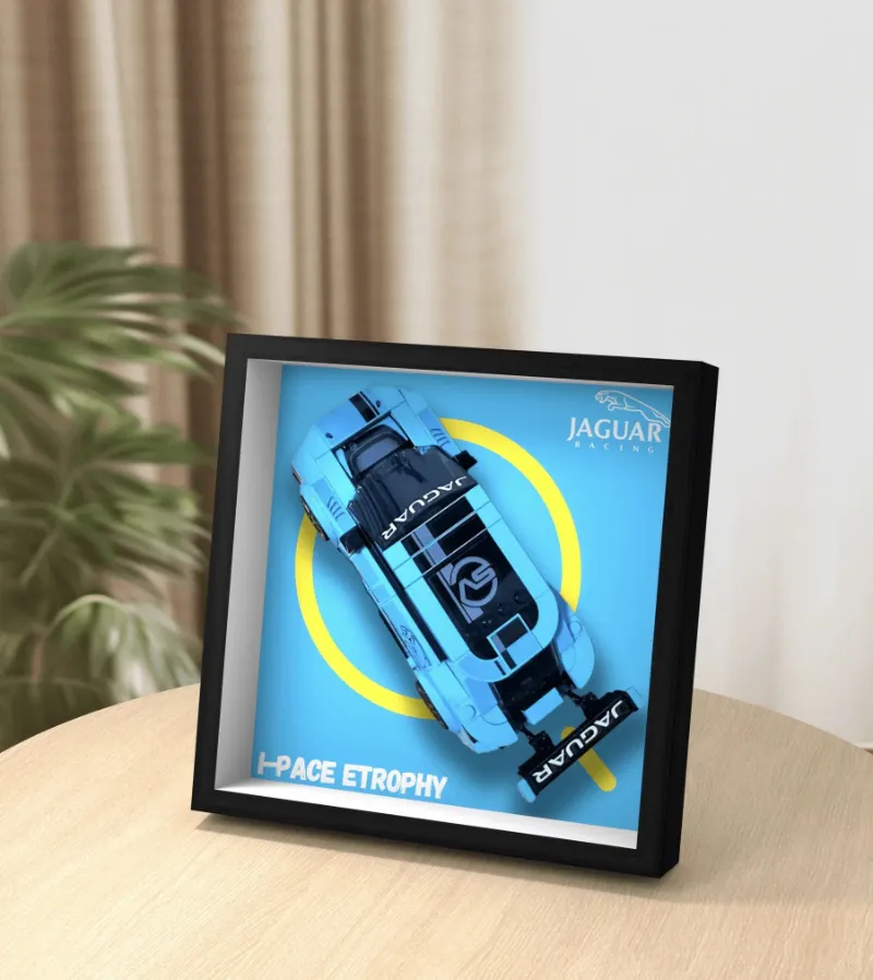 ICUANUTY Display Car Frame for Lego Speed Champions Jaguar I-PACE eTROPHY 76898 on wall showing electric sports car
