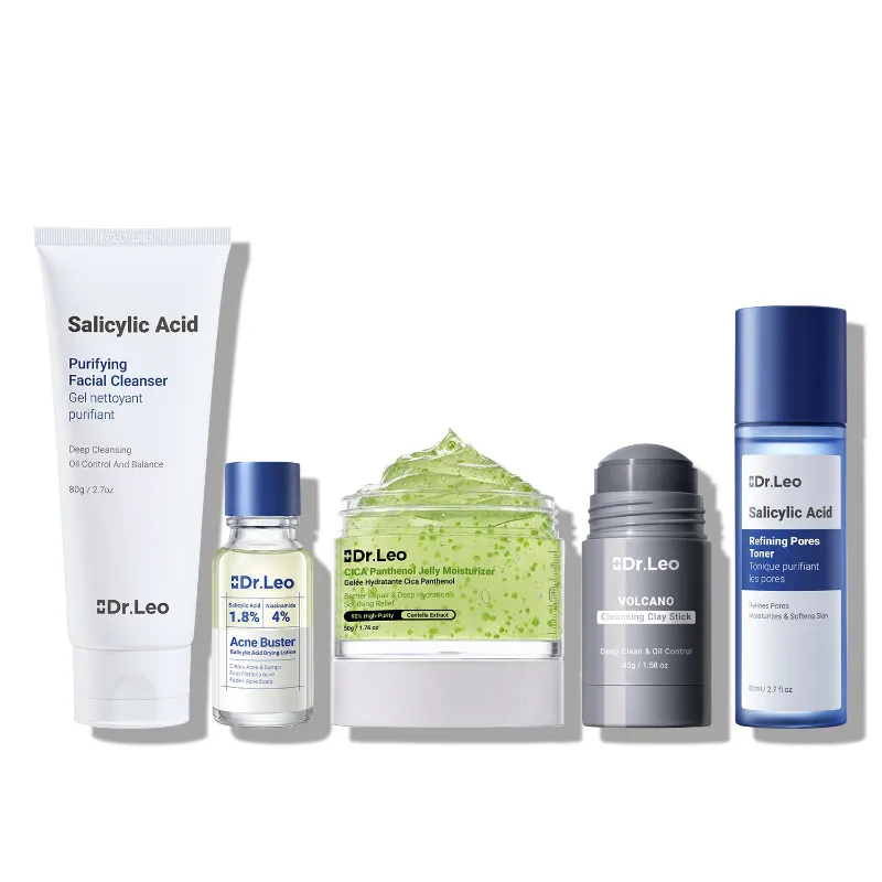 Dr Leo 5-Step Acne Control & Barrier Repair System with cleanser, mask stick, toner, treatment essence, and soothing cream