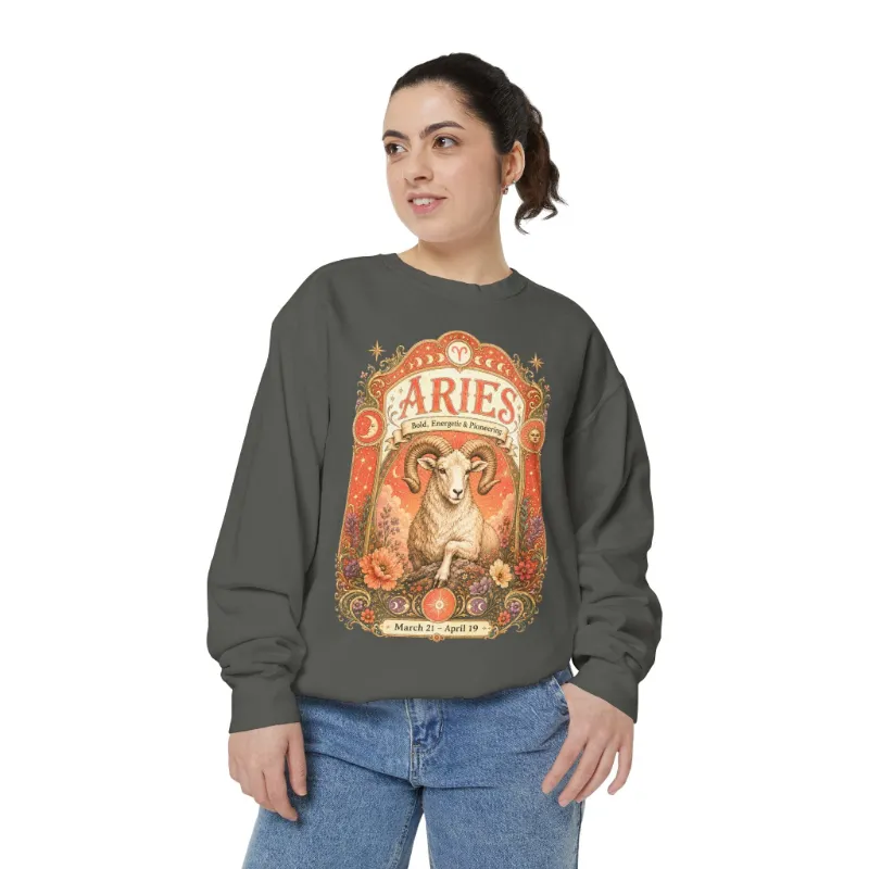 Spirit Nest Aries Zodiac Garment-Dyed Sweatshirt with mystic ram artwork in washed fleece