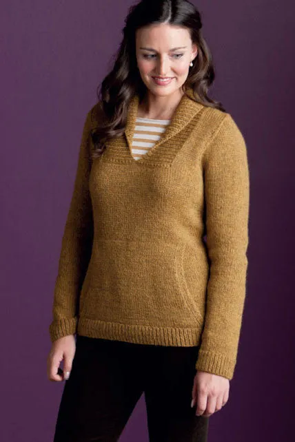 Kristen TenDyke Trust Pullover showing shawl collar and pouch pocket in neutral yarn