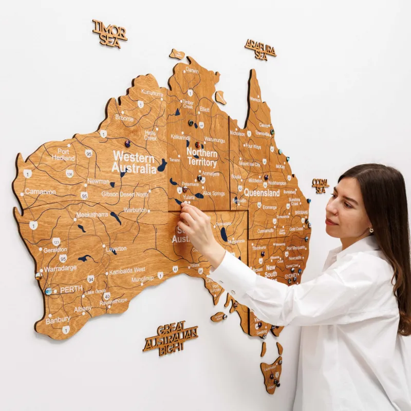 Enjoy The Wood 3D Wooden Map of Australia Oak featuring light natural wood grain finish