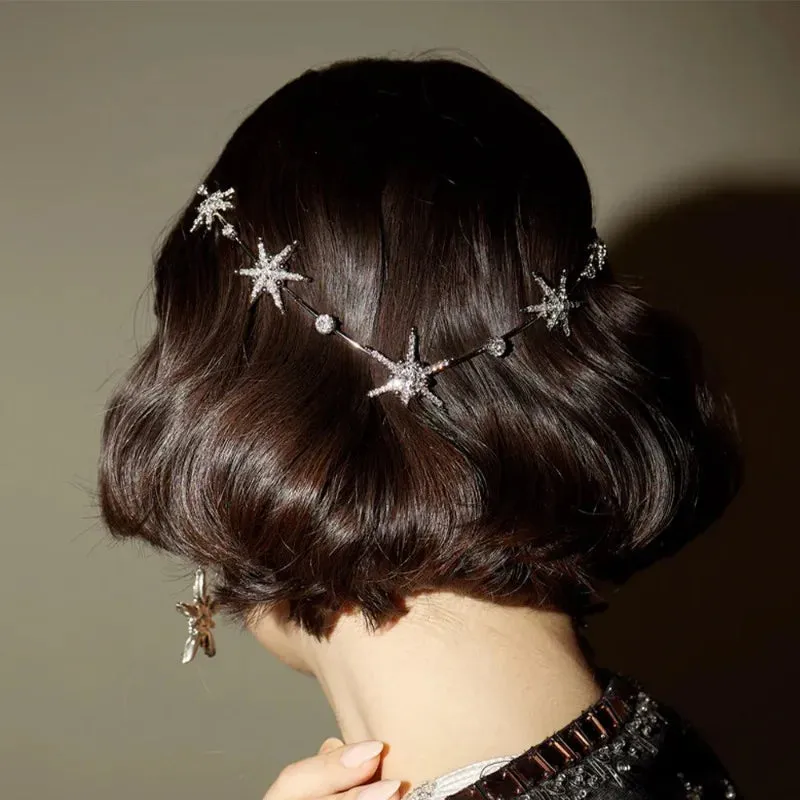 Cottagecore Clothes Ethereal Crystal Constellation Hair Pin with rhinestone star clusters on dark bar