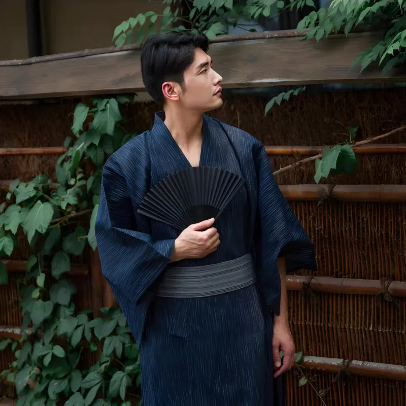 Foxtume Blue Men Traditional Yukata in classic blue with a matching Obi belt