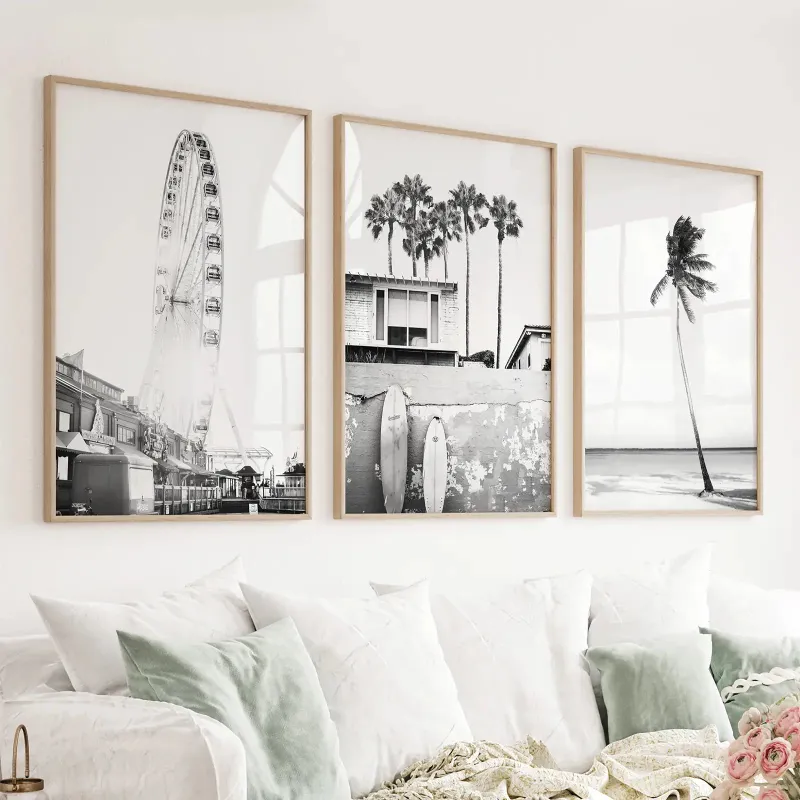 Wall Art Set Black White Coastal Wall Art. Ferris Wheel, Surfboards, Palm 3-piece set
