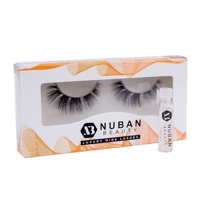 Nuban Beauty 3D Luxury Mink Lash with a mini bottle of lash glue beside the lashes
