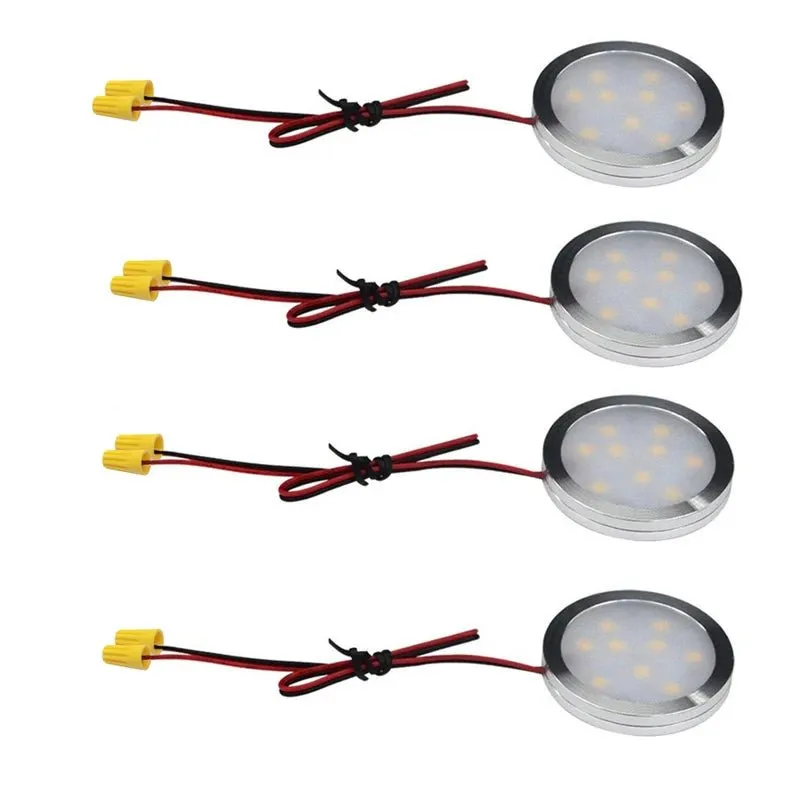 AIBOO 12V Under Cabinet LED Lighting Slim Aluminum Round Shape Flat Puck Lights showing four round puck lights
