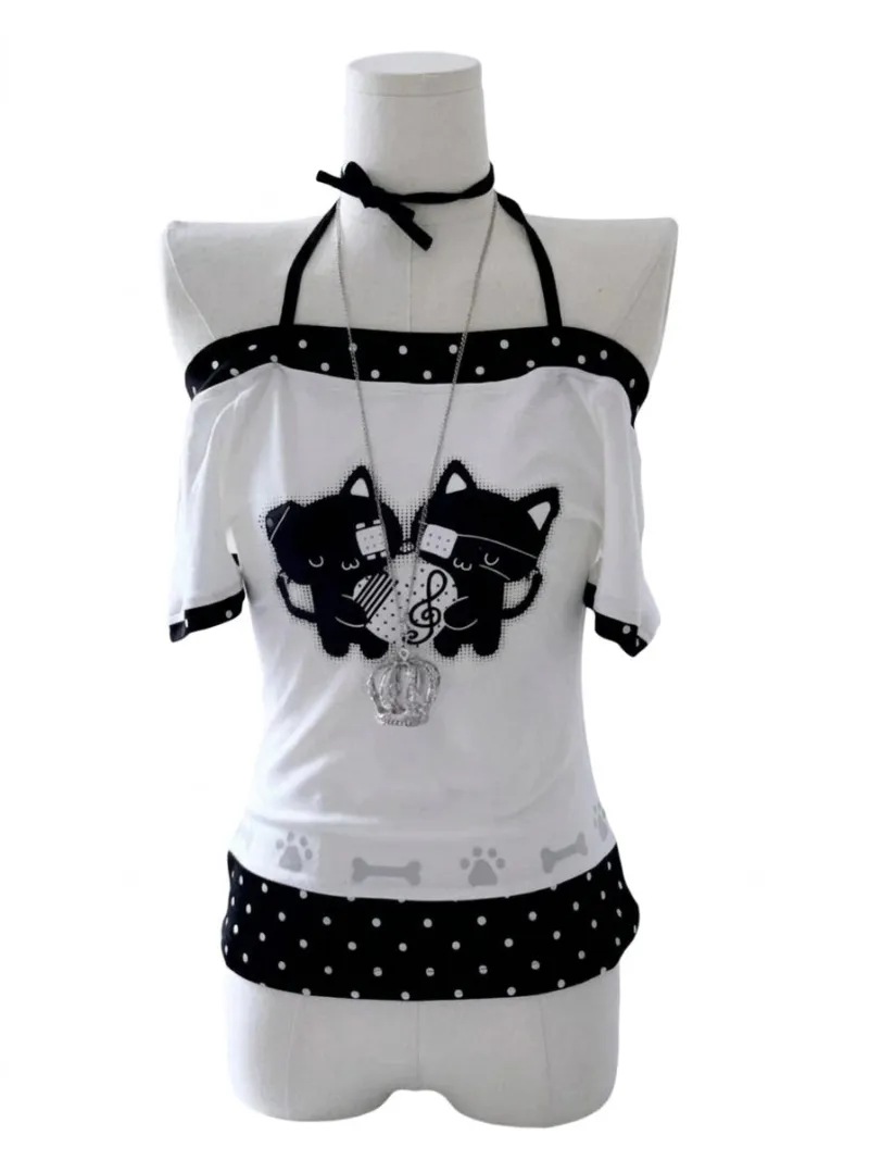 Shoptery Jirai Kei Black Cat Polka Dot Off-Shoulder Halter Top with draped neckline and included necklace