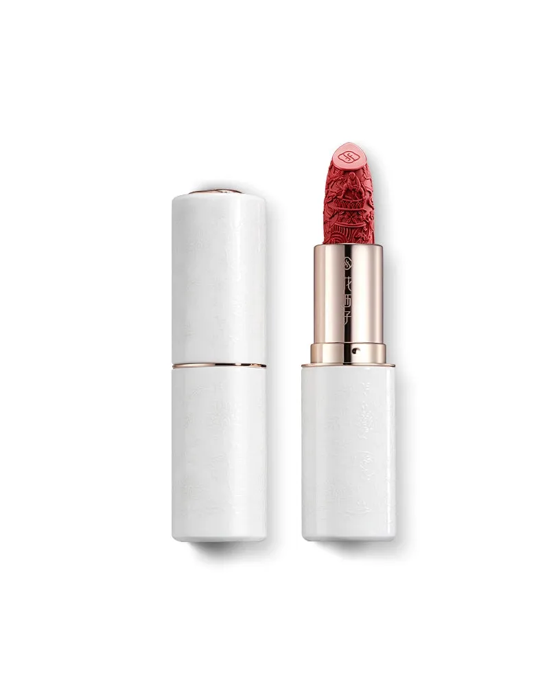 Florasis Blooming Rouge Porcelain Lipstick, white porcelain case with lotus and carved artisan details