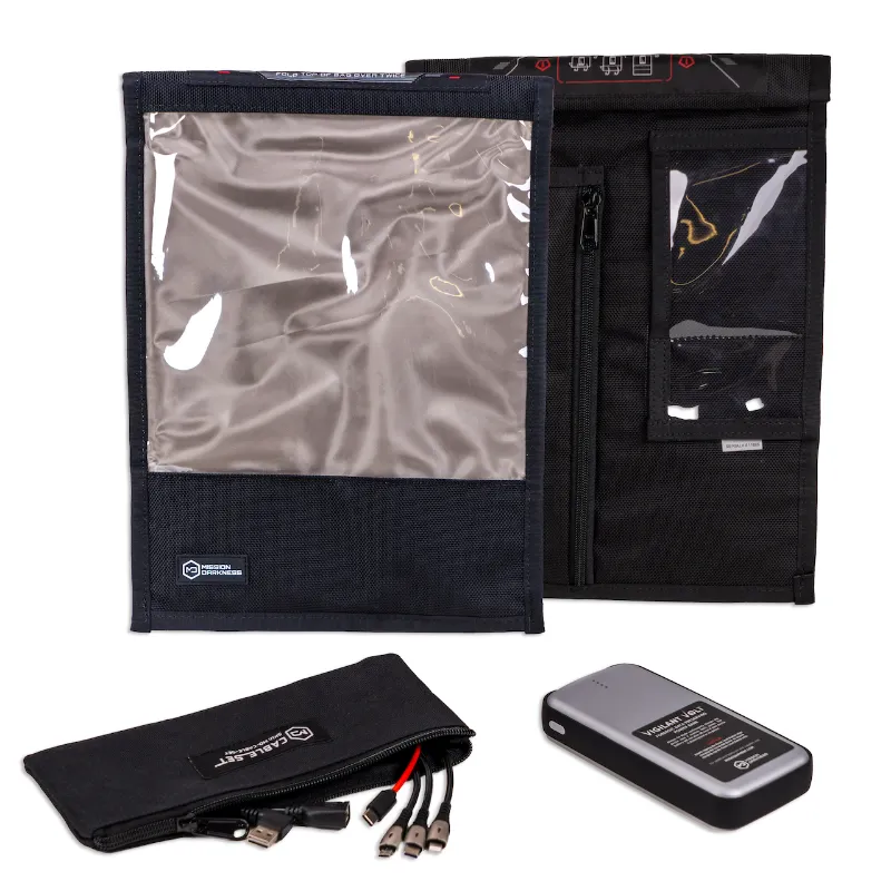 MOS Equipment Mission Darkness NeoLok Faraday Bag for Tablets with Battery Kit, showing transparent window and included power bank