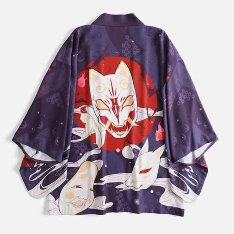 Foxtume Evil Oni Kitsune Kimono Cardigan in purple with Kabuki masks