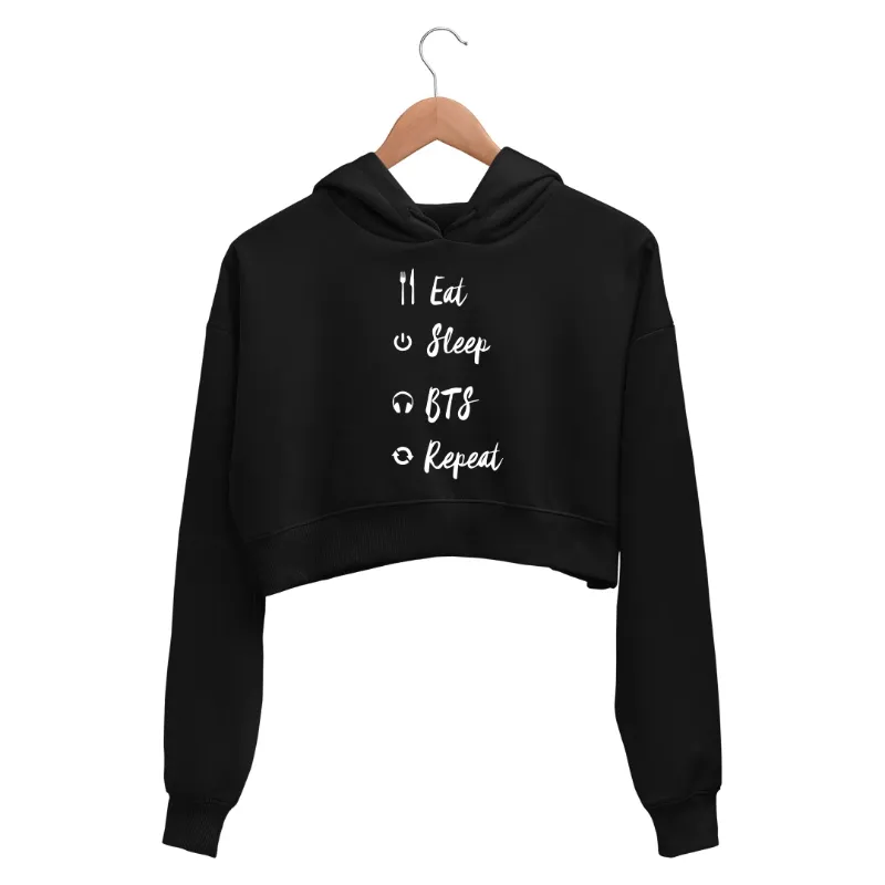 The Banyan Tee US BTS Crop Hoodie - Eat Sleep Repeat, cropped hoodie in cotton fleece