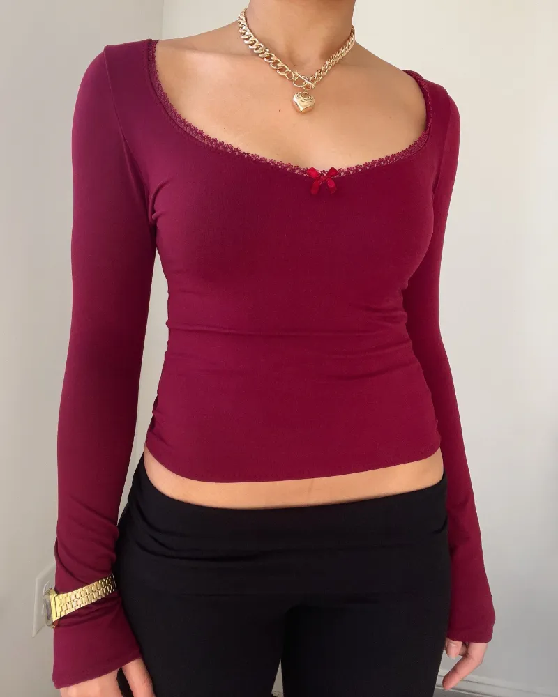 Bit By Angie Alice long sleeve top in burgundy with sweetheart neckline and long sleeves