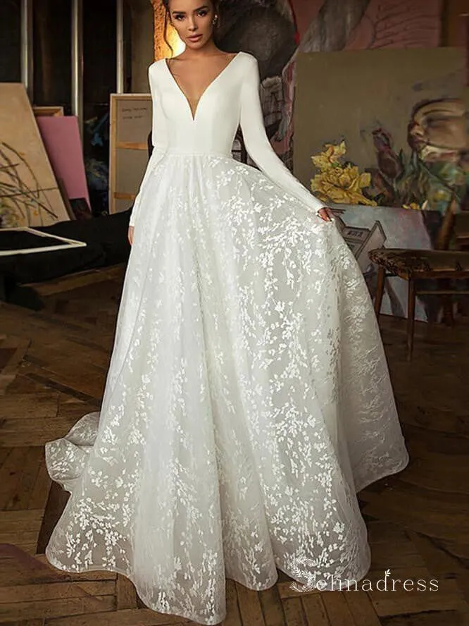 Selinadress A-line Deep V Neck Long Sleeve Ivory Wedding Dresses Satin Bridal Gowns MHL160 shown on model