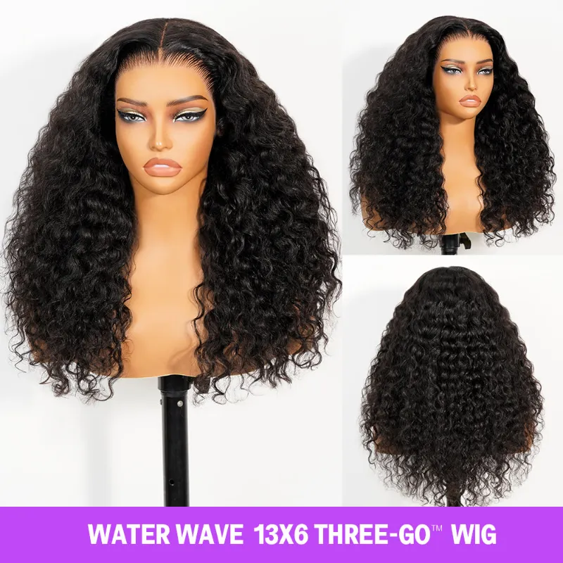 Megalook 13x6 Three-Go glueless wig water wave with finger coil ends, natural black hair shown on model