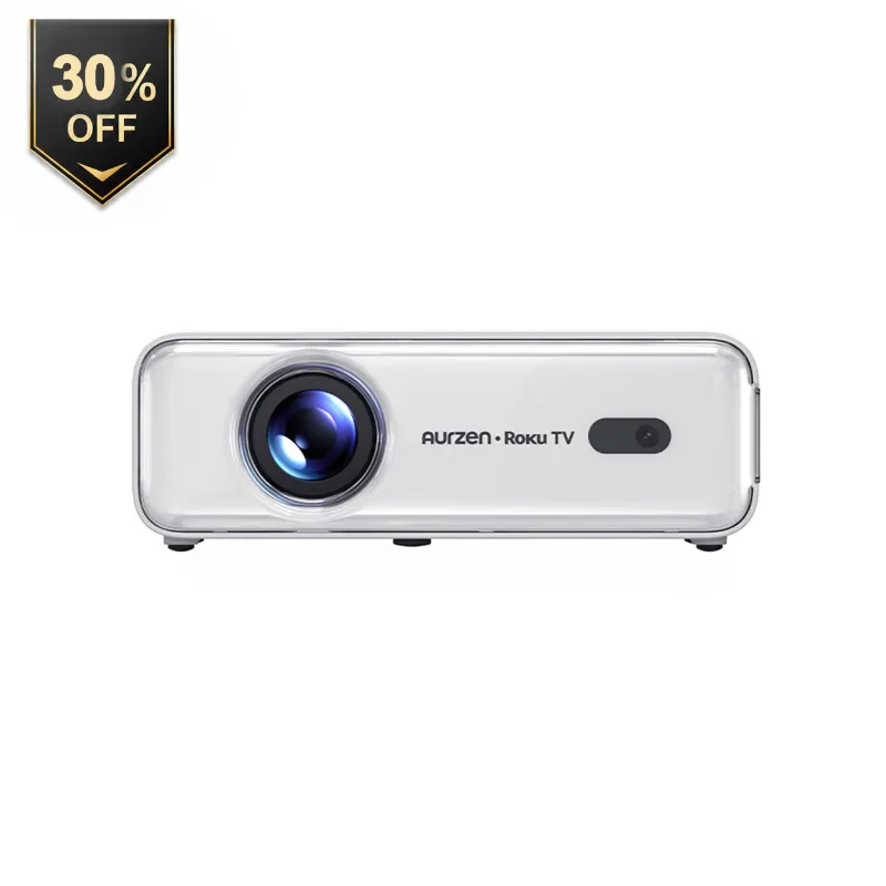 Aurzen EAZZE D1R Roku TV Smart Projector on a table showing its compact design