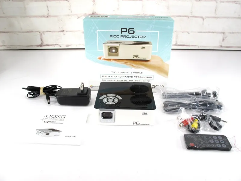 ZeereeZ AAXA P6 LED Pico Projector 600 Lumens 80-Min Battery Media Player 1280x800 showing a portable pico projector