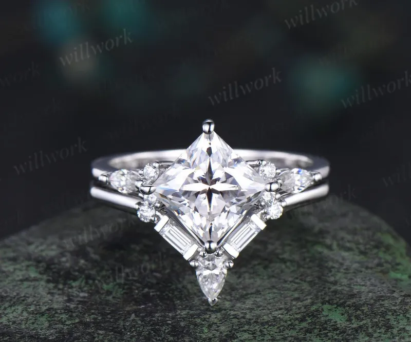 WillWork Jewelry 2ct princess cut moissanite engagement ring set vintage stacking baguette cut diamond wedding promise ring women